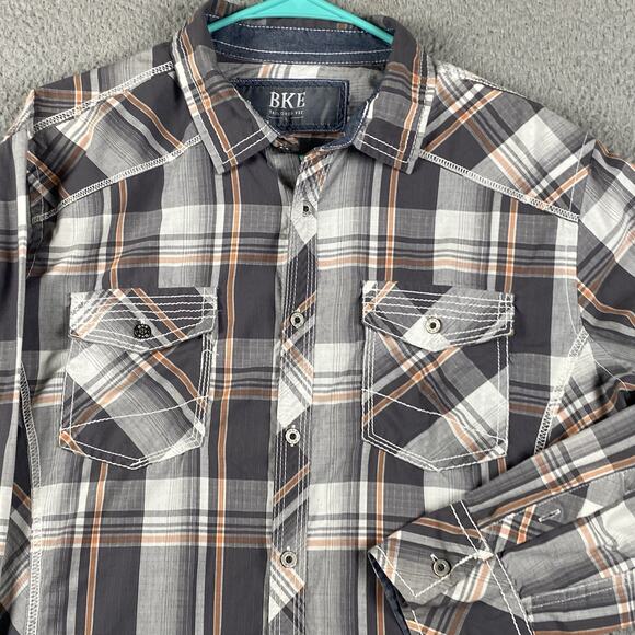 BKE Men's Plaid Casual Button Down Shirt - Black, White, Brown - Picture 2 of 5